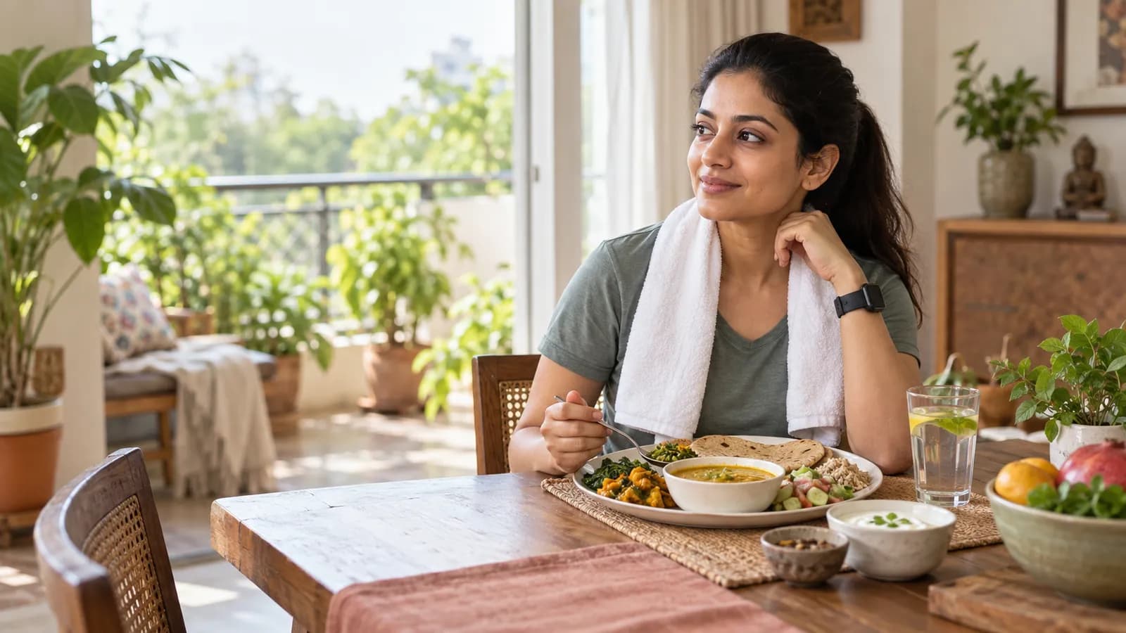 Indian woman seated after a morning walk with a balanced Indian meal, representing insulin sensitivity and metabolic health in PMOS.