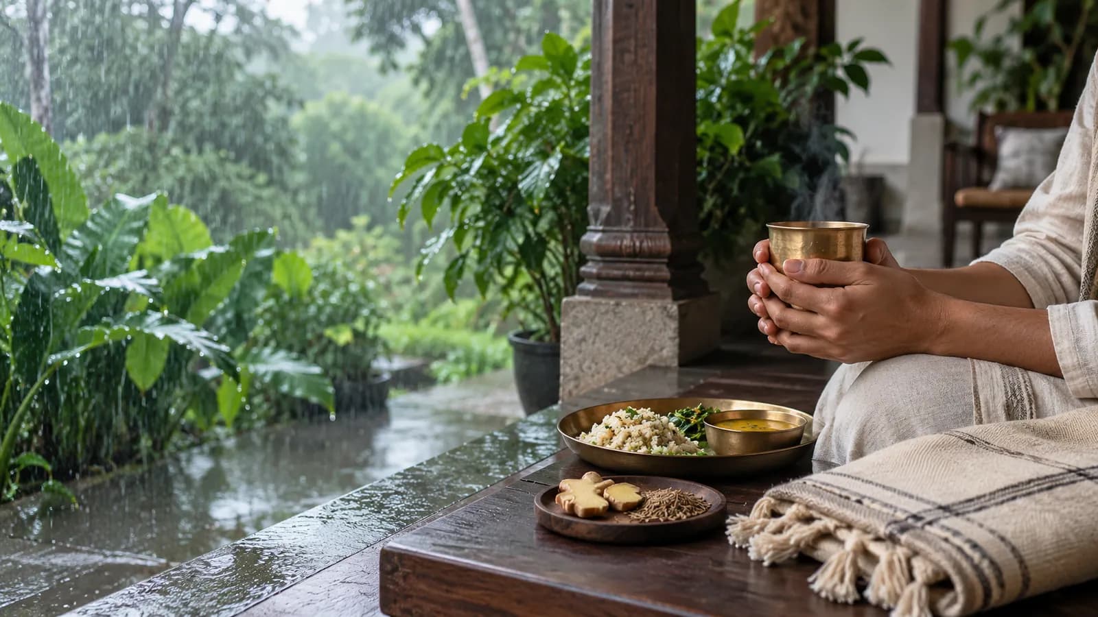 A person holding a brass cup beside a light meal on a sheltered veranda during monsoon rain.