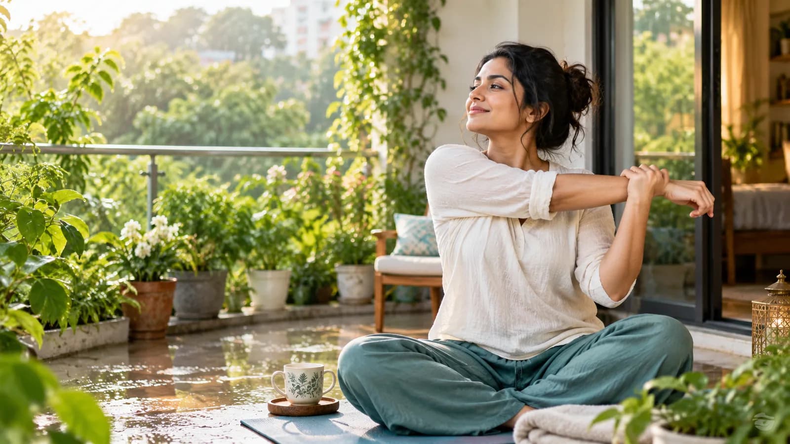 Indian woman practising a mindful morning stretch on a green balcony, representing emotional well-being and supportive PMOS care.