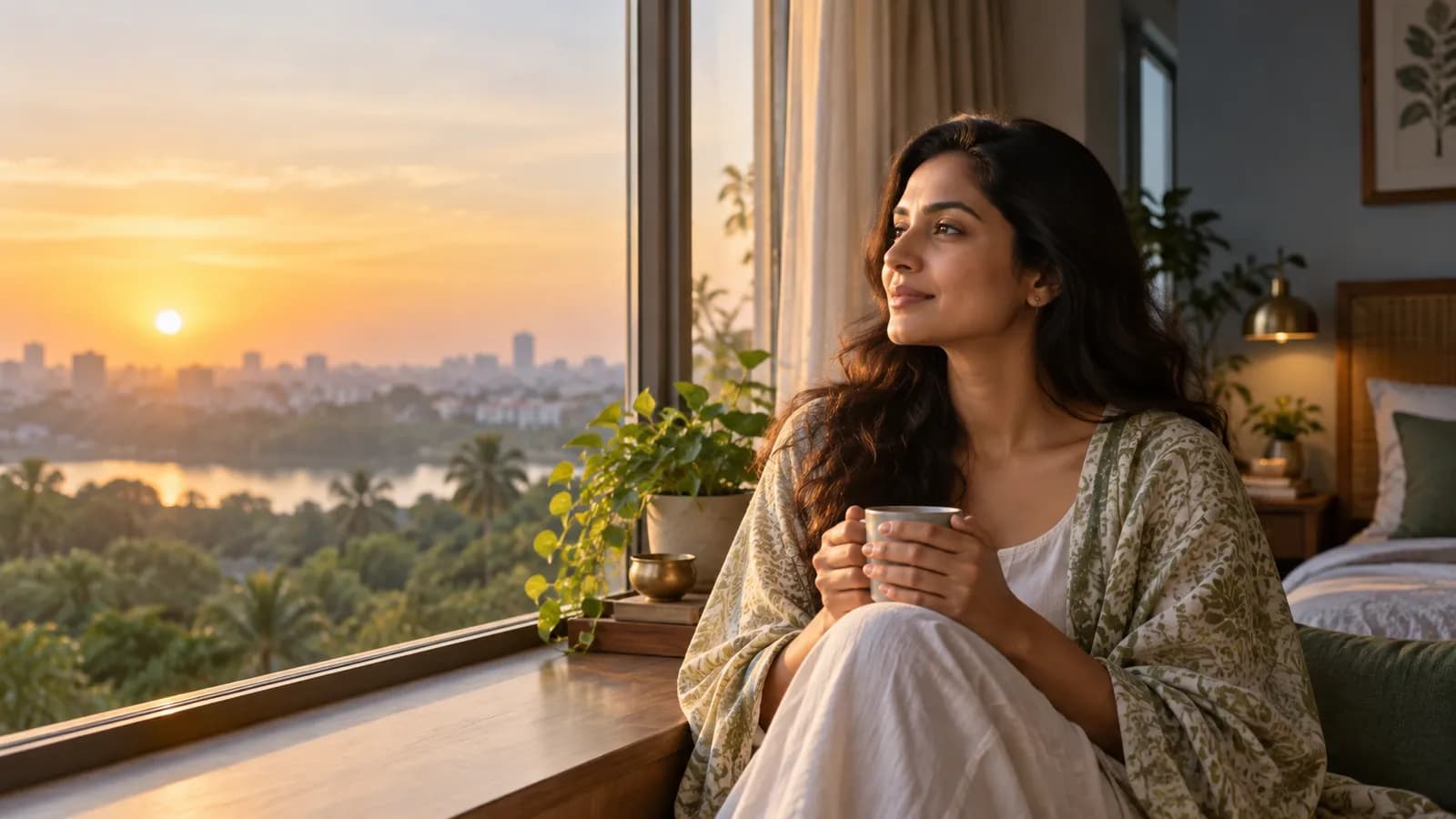 Indian woman sitting beside a sunlit window at dawn, representing circadian rhythm and lifestyle support in PMOS