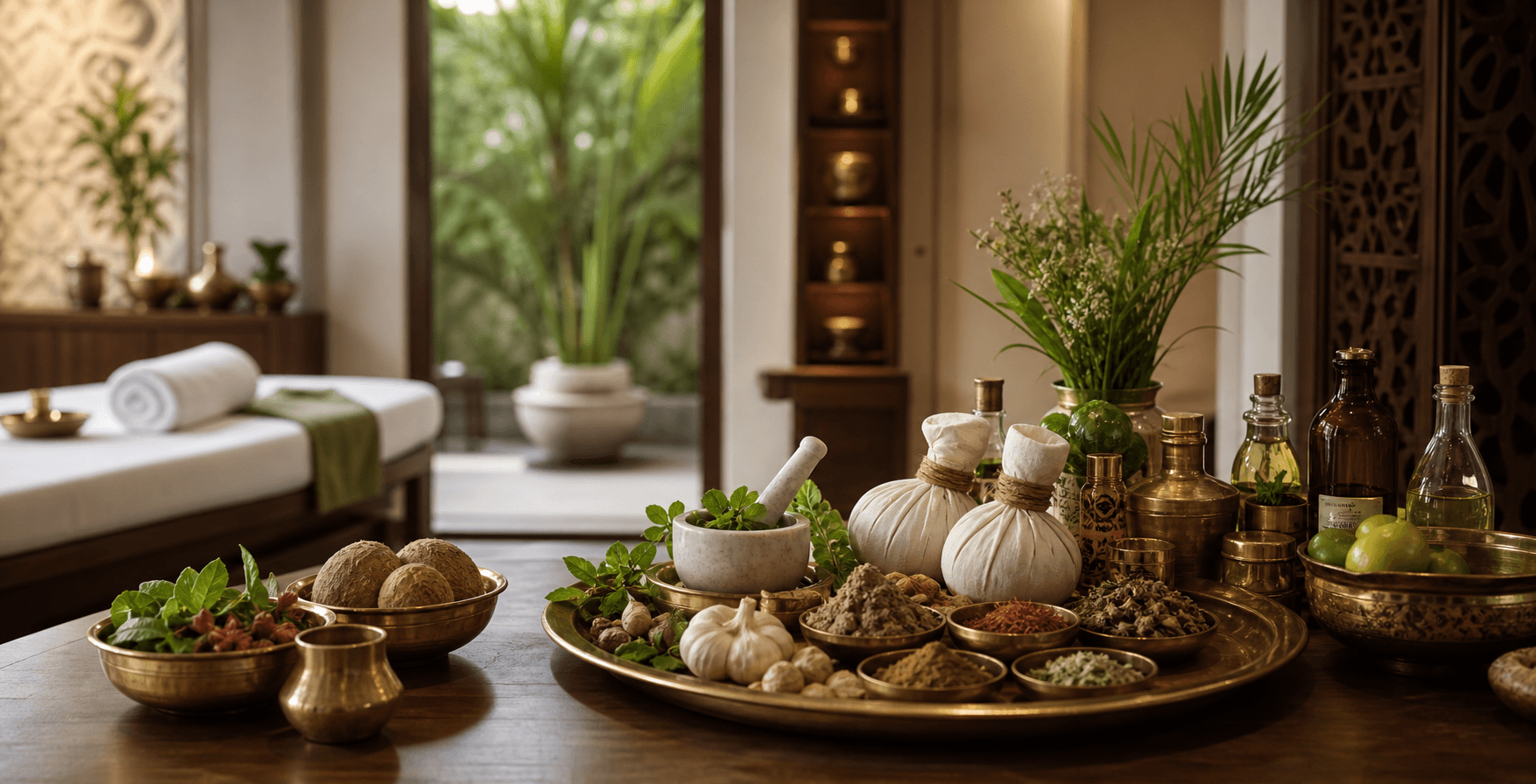 Herbal care setup with Ayurveda ingredients and treatment tools